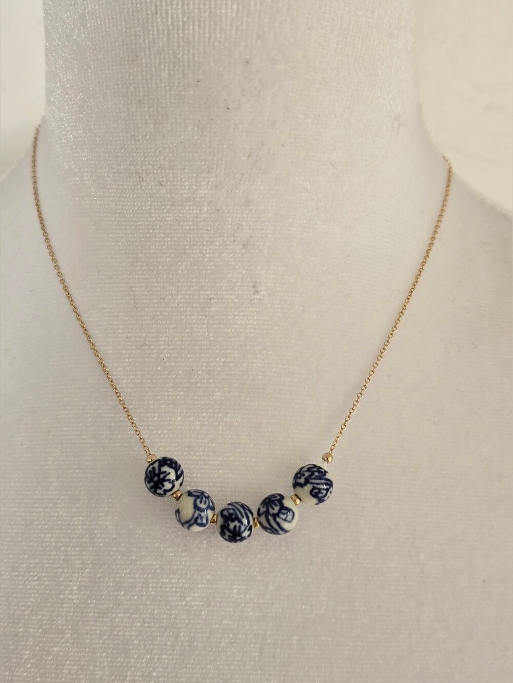 Blue and White Porcelain Bead Necklace - Gold Chain
